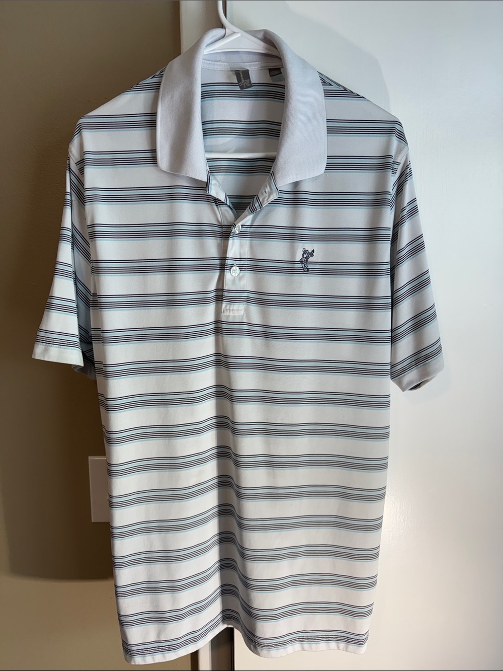 Ashworth Men’s Polo Shirt Size L White Black Teal Striped Golf Shirt